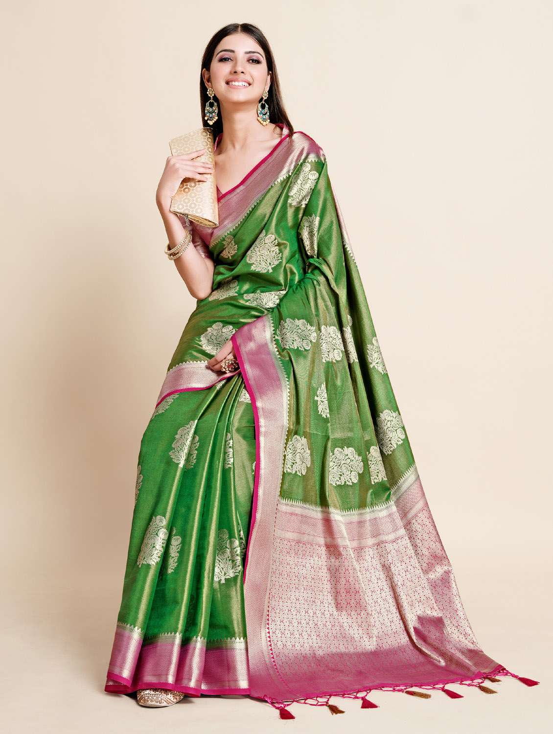 green art silk kanjivaram saree with blouse