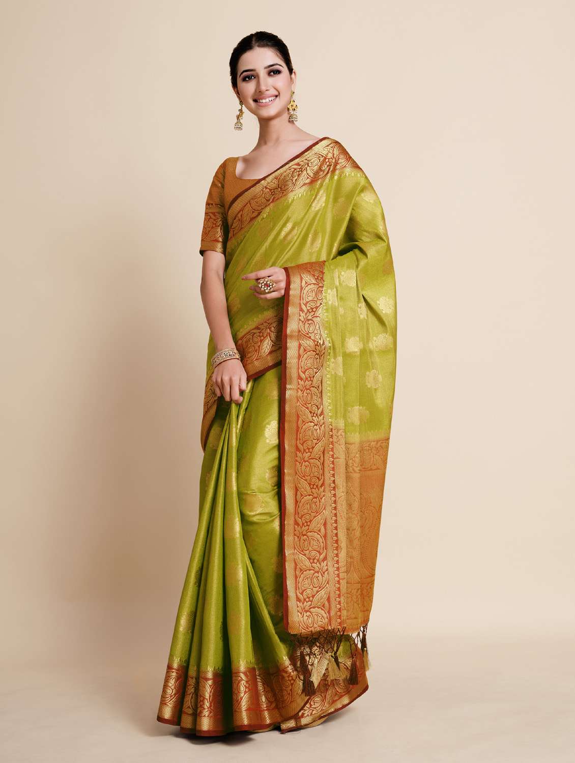 women's self design lime colored saree with blouse