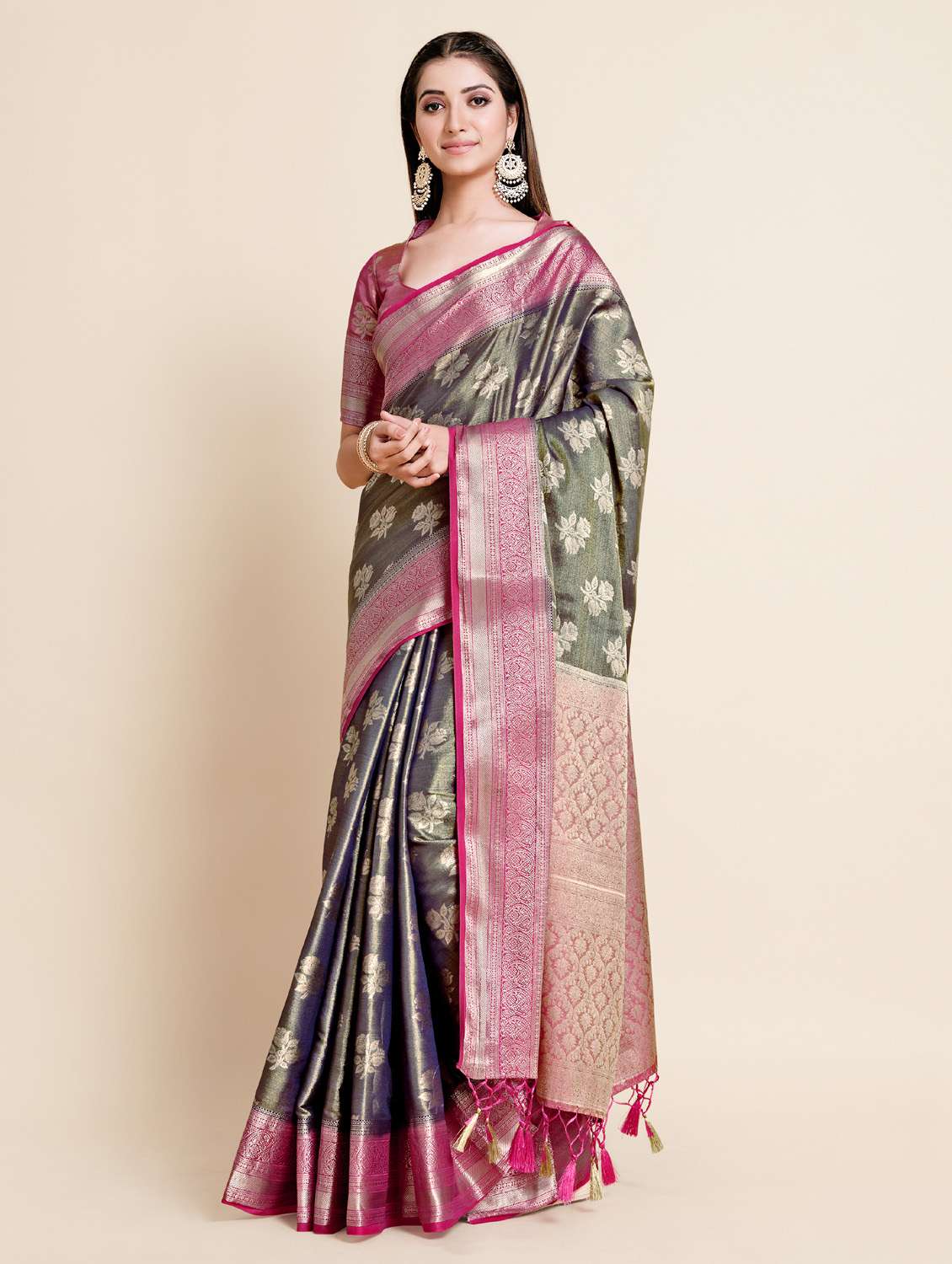 women's self design dark blue colored saree with blouse