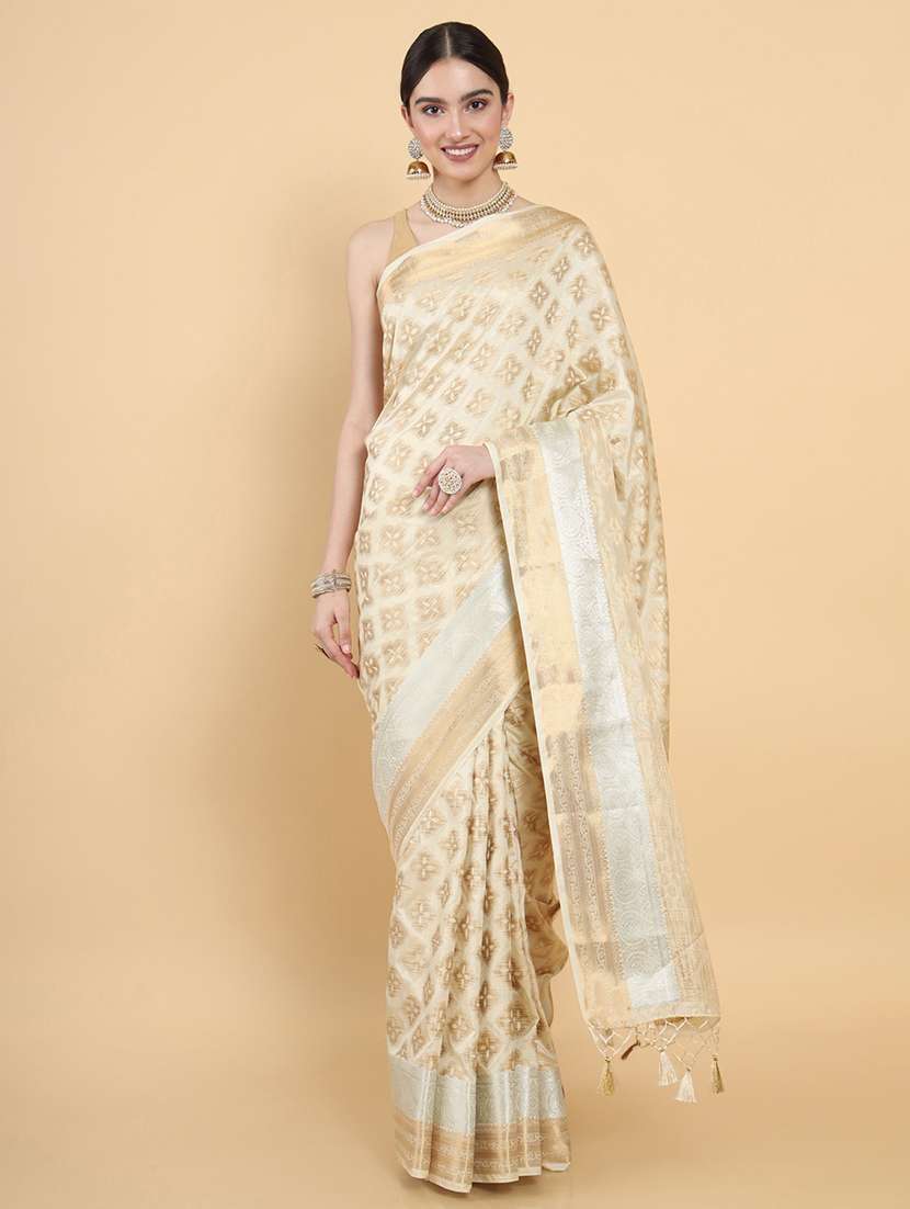 cream art silk kasavu saree with blouse