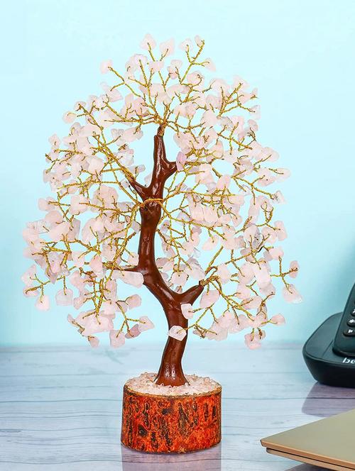rose quartz stone vastu good fortune crystal tree wooden base for home/office décor for gift - 300 beads - 18802205 -  Standard Image - 0