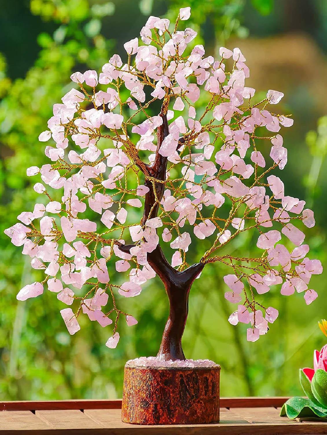 rose quartz stone vastu good fortune crystal tree wooden base for home/office décor for gift - 300 beads - 18802205 -  Standard Image - 1