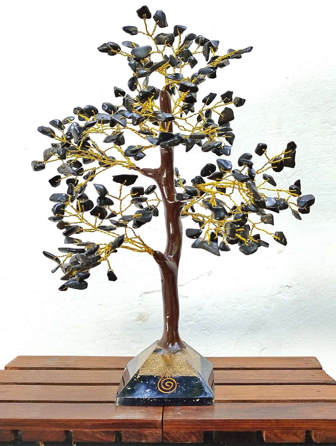black tourmaline stone with pyramid base vastu good fortune crystal tree wooden base for home/office décor for gift - 300 beads