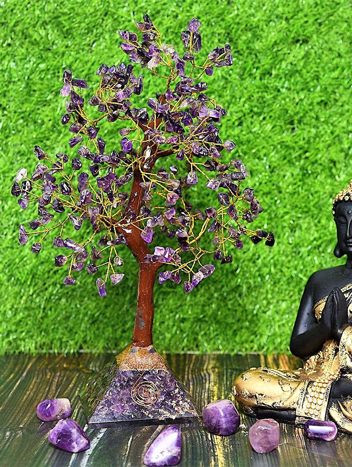 amethyst stone with pyramid base vastu good fortune crystal tree wooden base for home/office décor for gift - 300 beads - 18802218 - Standard Image - 1