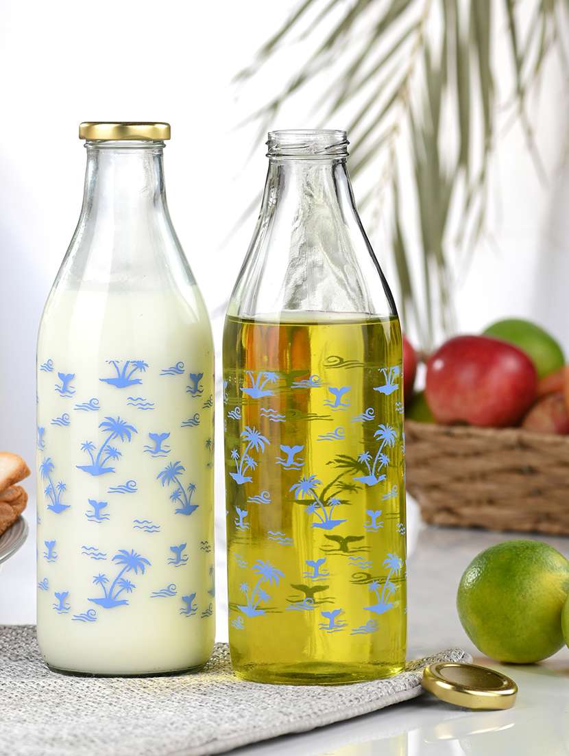 blue tree glass water/milk bottle, metal metal cap, 1000ml, pack of 2