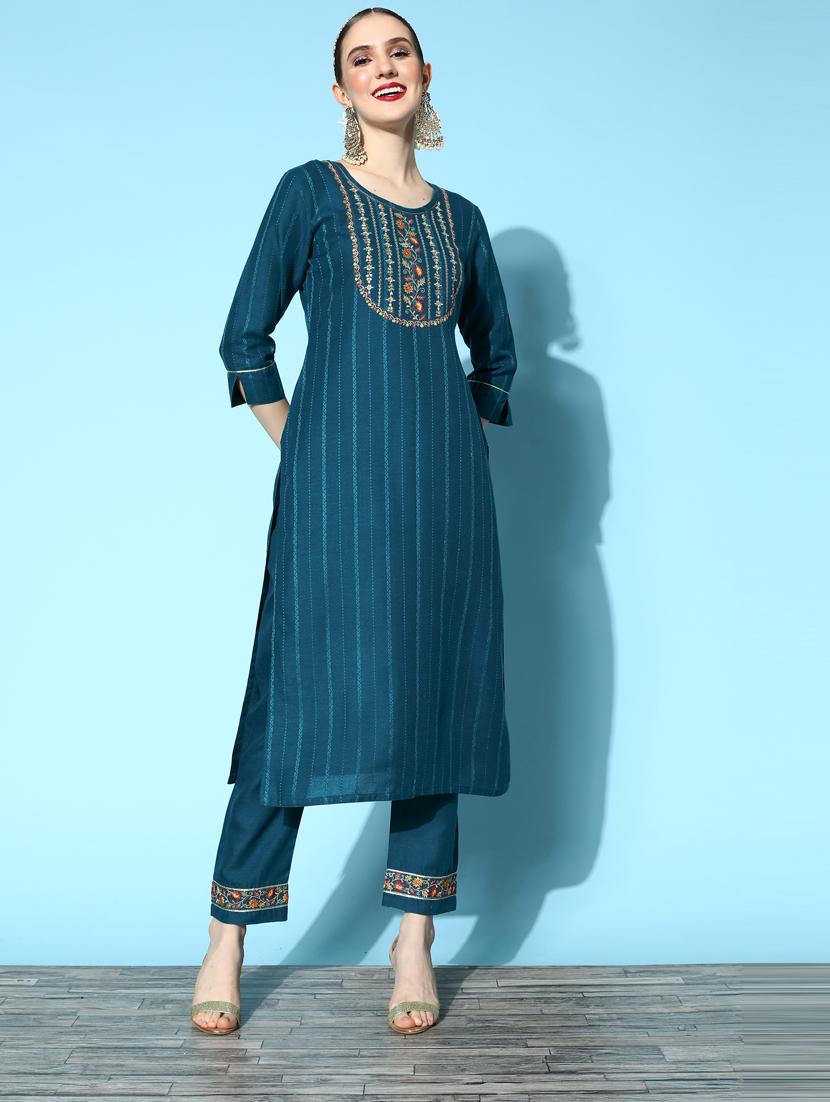 blue cotton blend kurta pant set - 18823038 - Zoom Image - 0