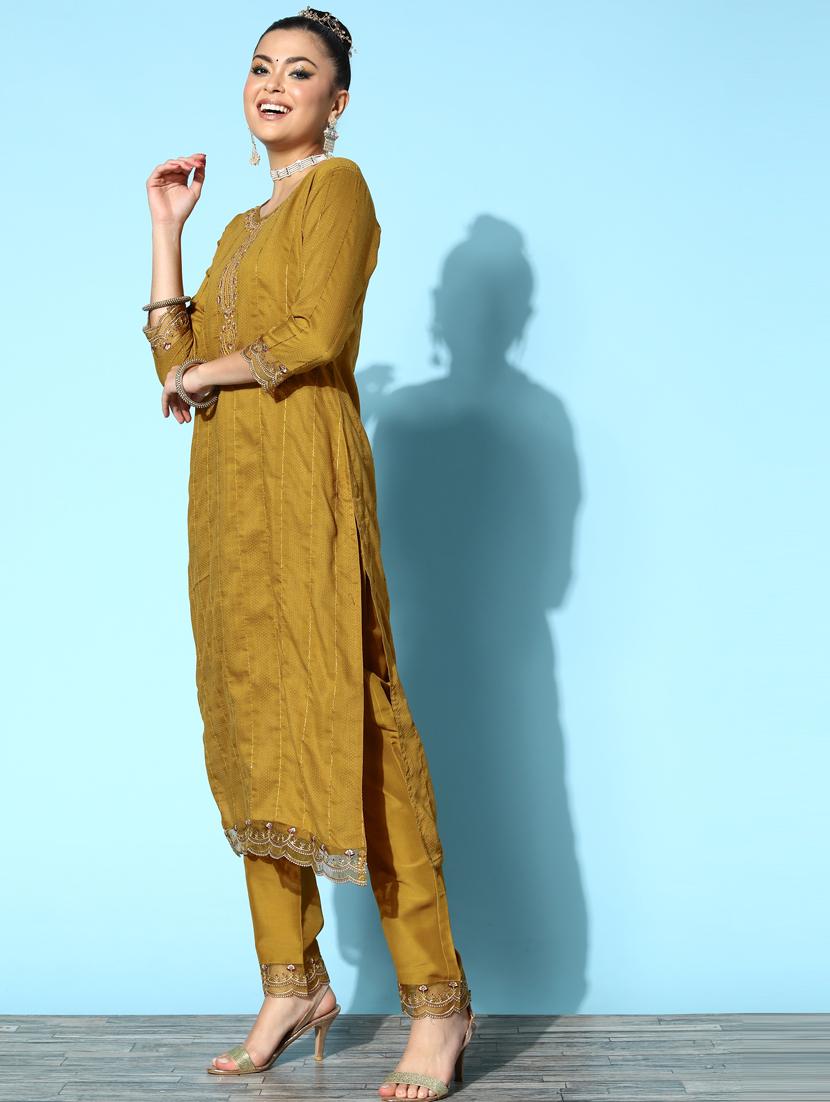 yellow silk kurta pant set - 18823040 - Standard Image - 1