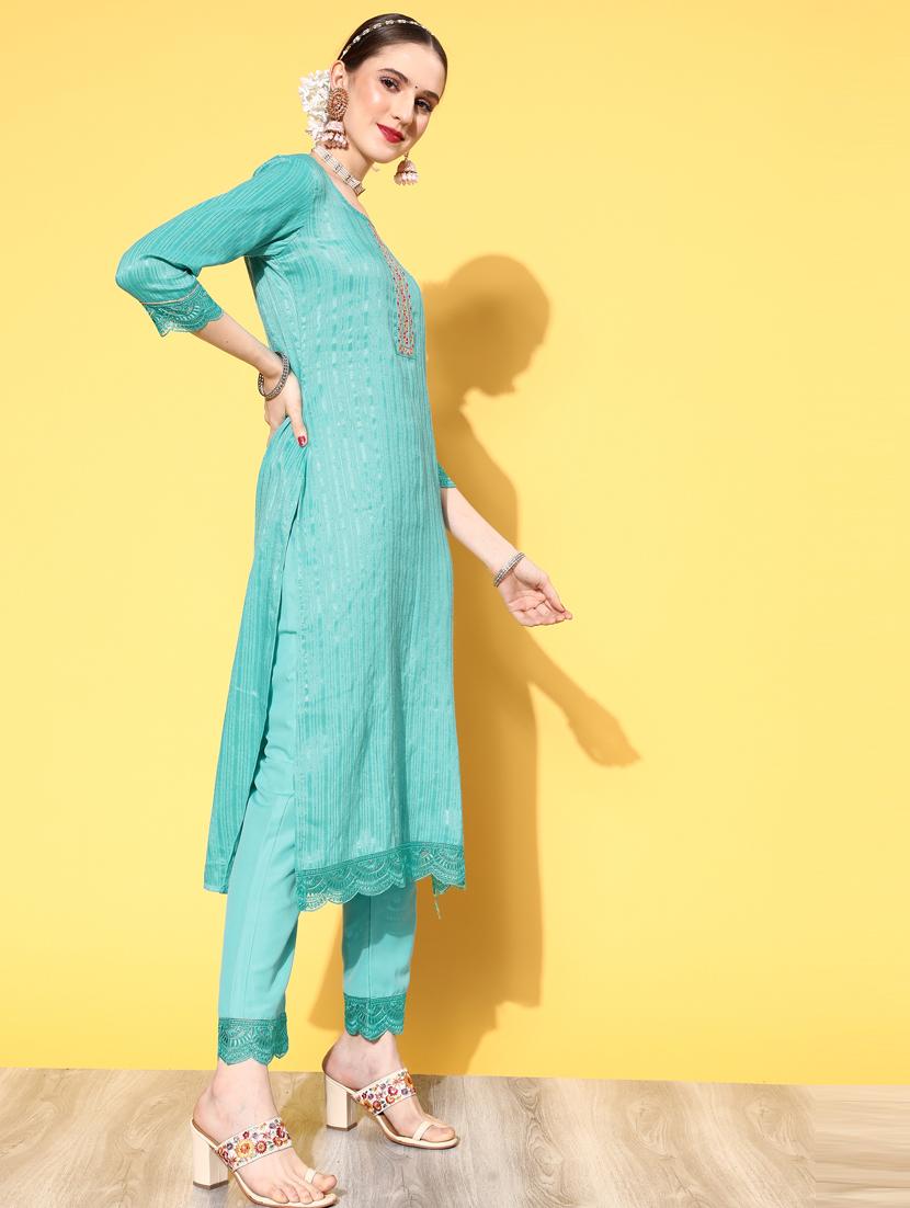 turquoise silk kurta pant set - 18823050 - Standard Image - 1