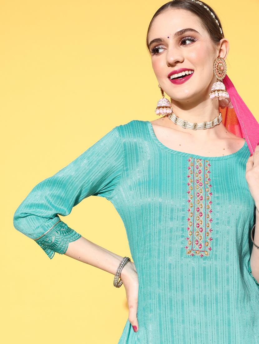 turquoise silk kurta pant set - 18823050 - Standard Image - 4