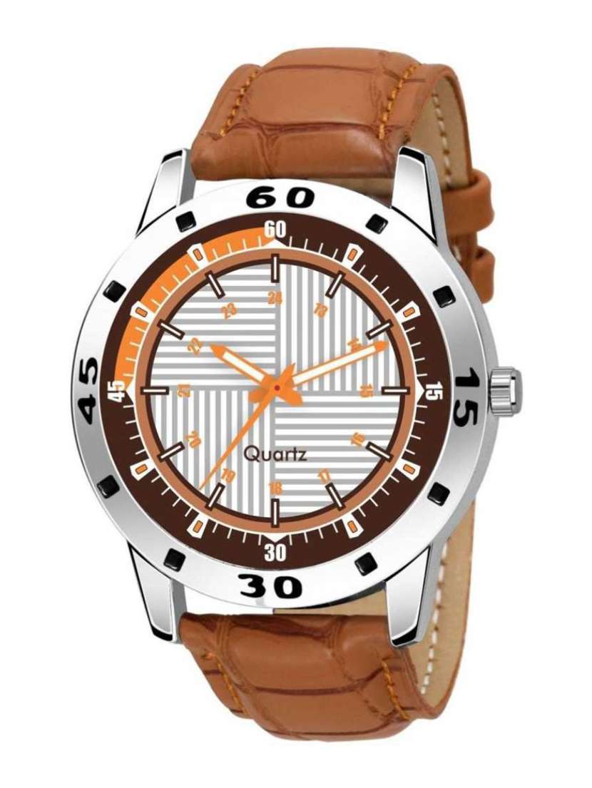 designing white dial brown designing leather strap analog watch