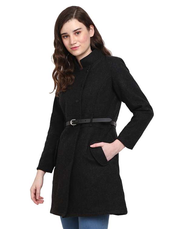 women black solid full sleeve coat - 18844584 -  Standard Image - 1