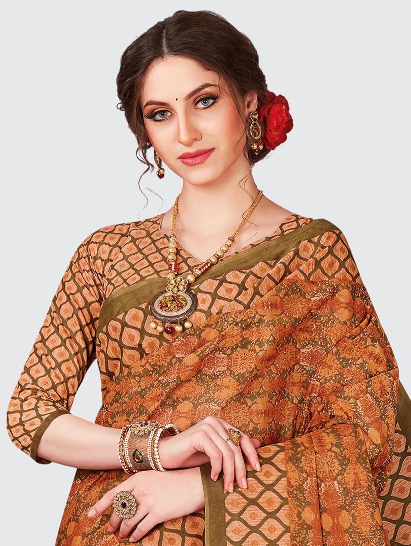 brown printed saree with blouse - 18854957 - Standard Image - 1