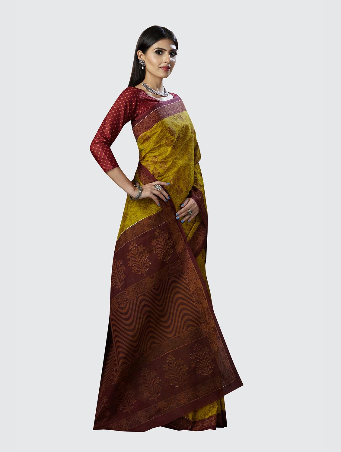 olive printed saree with blouse - 18854980 - Standard Image - 1