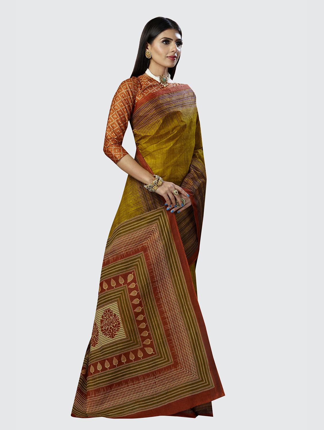 olive printed saree with blouse - 18854985 - Standard Image - 1