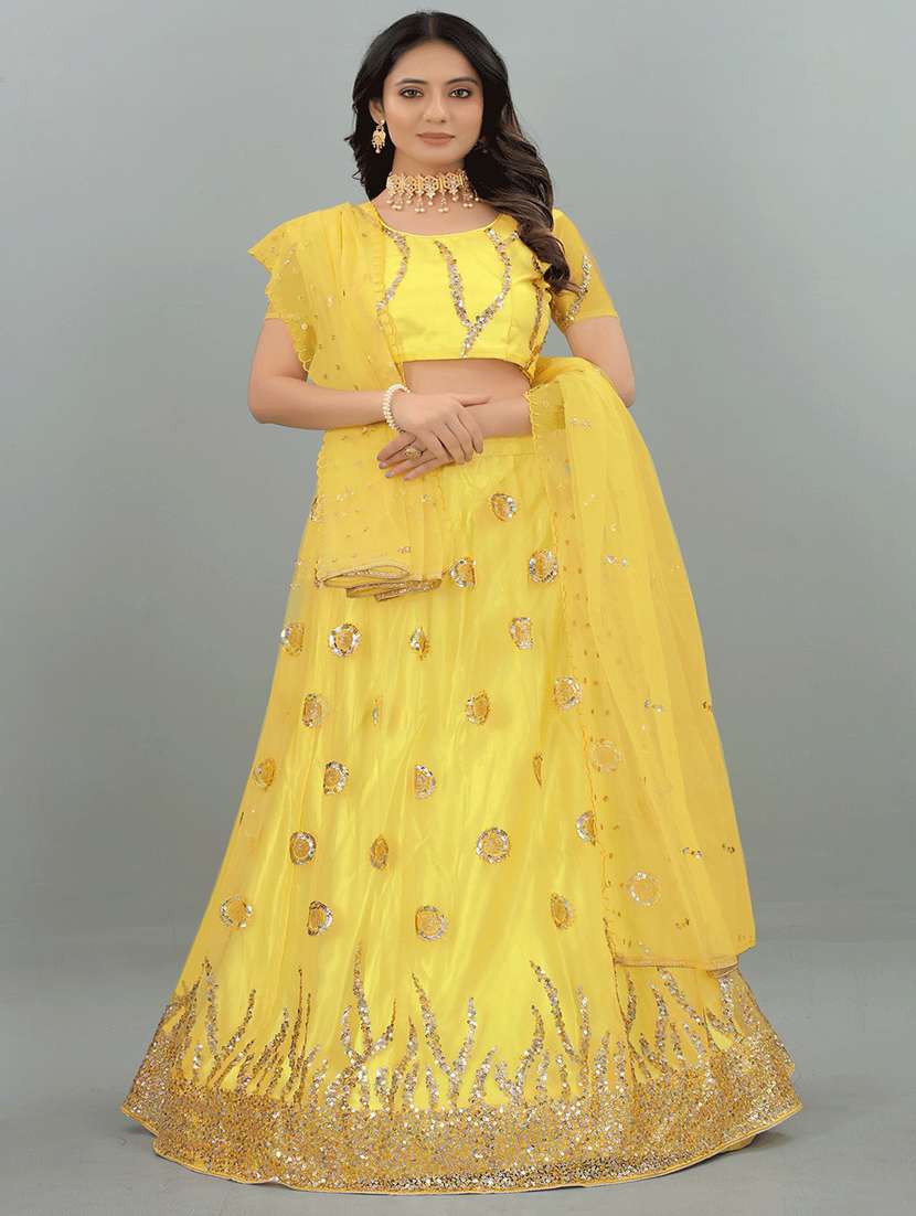 yellow net flared lehenga