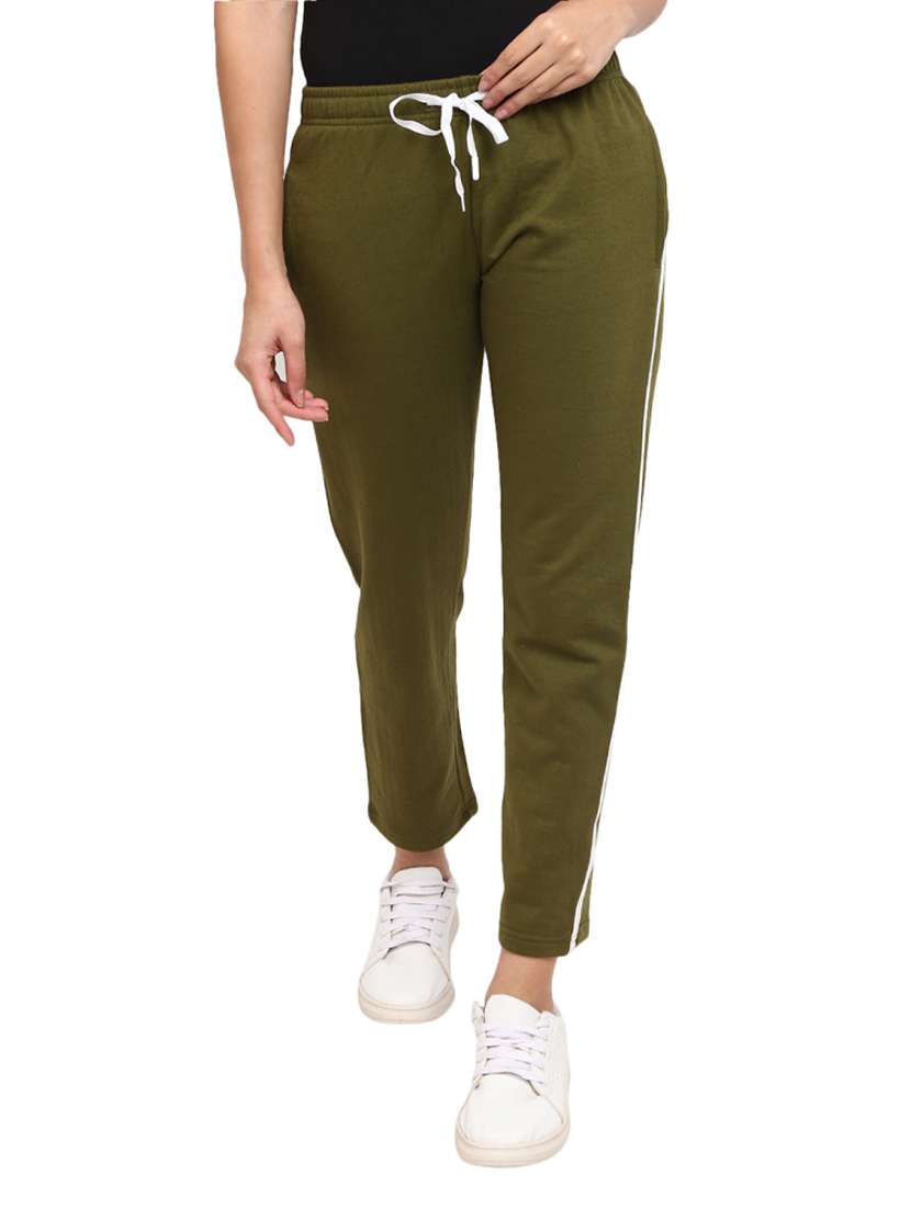 women olive green side taped track pant