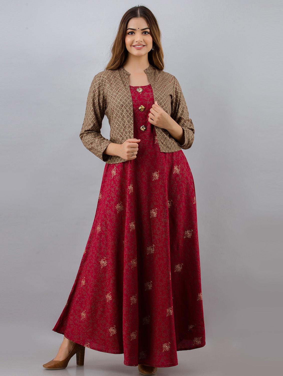 maroon coloured printed kurta pant set - 18873617 - Zoom Image - 0