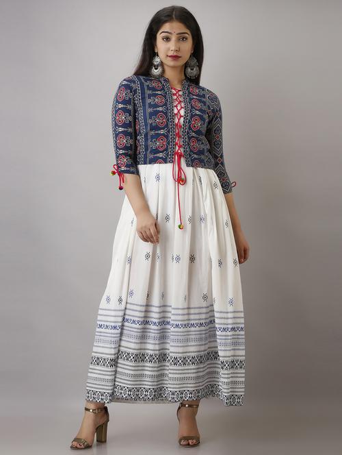 white printed flared kurta - 18873655 -  Standard Image - 0