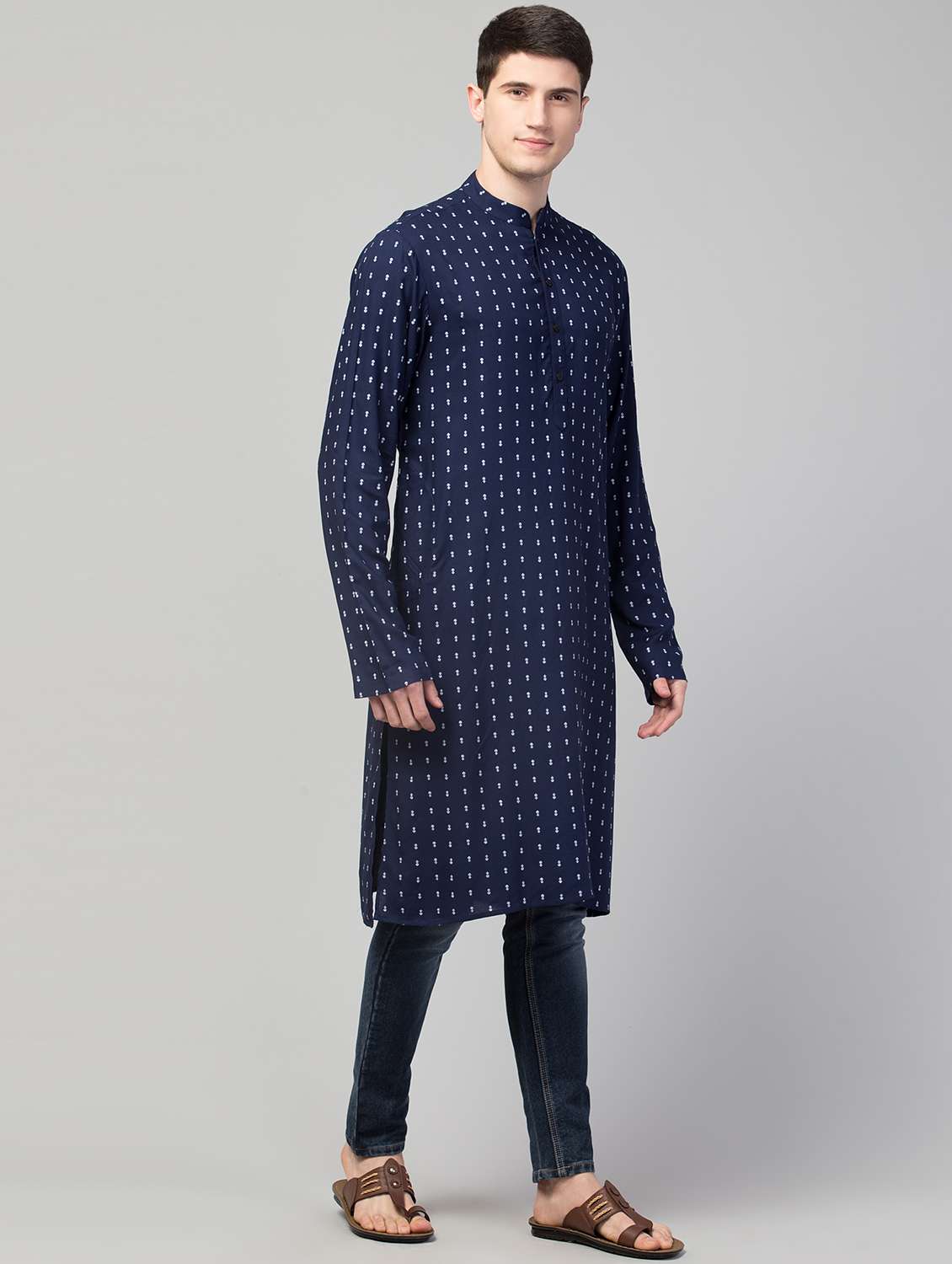 men navy blue mandarin neck long kurta - 18874777 - Standard Image - 1
