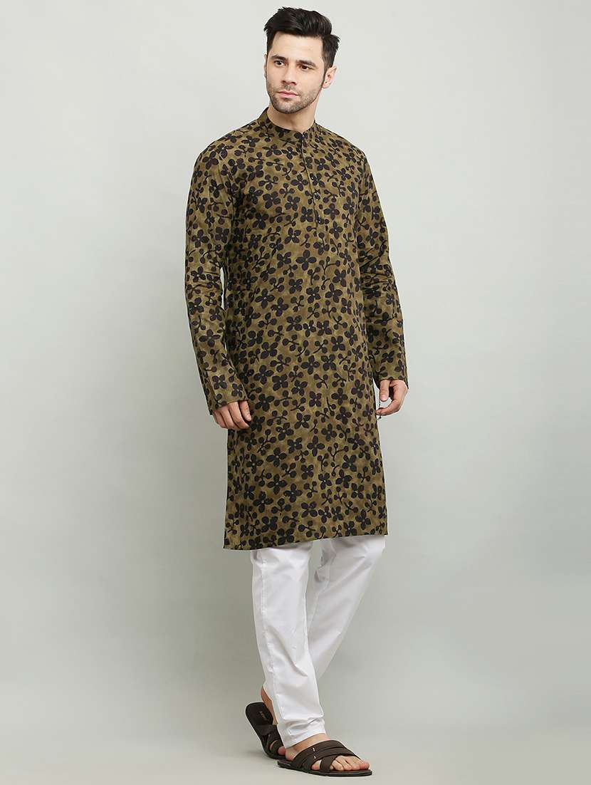 men green mandarin neck long kurta - 18874788 -  Standard Image - 1