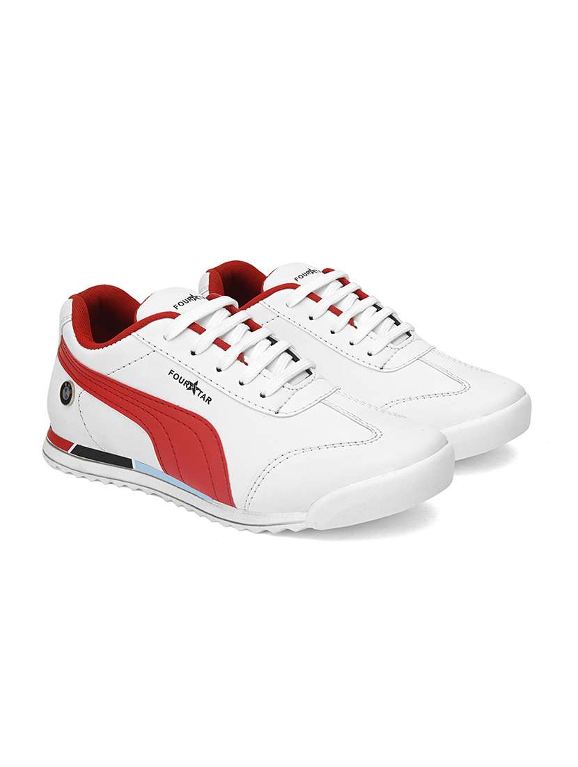 white synthetic lace up sneakers