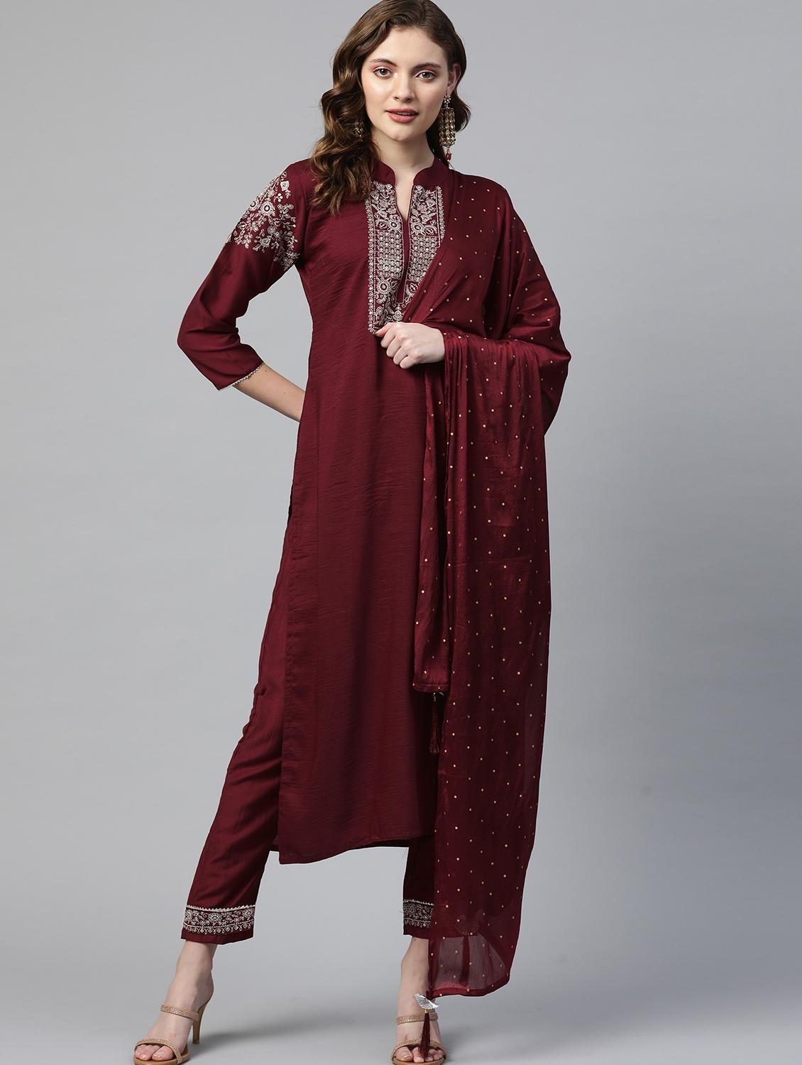 maroon embroidered kurta pant set with dupatta - 18875394 -  Zoom Image - 0
