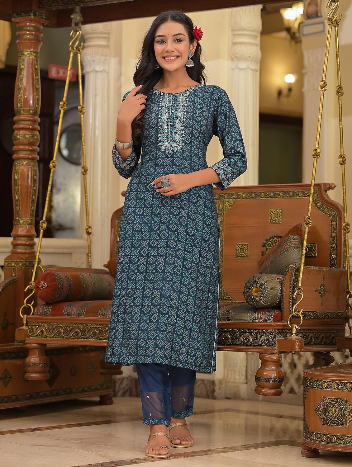 printed kurta pant dupatta set - 18875685 -  Standard Image - 1