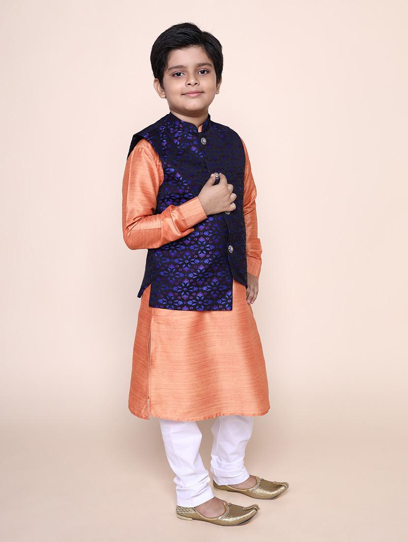 boys solid kurta pyjama set with printed nehru jacket - 18875927 - Standard Image - 1