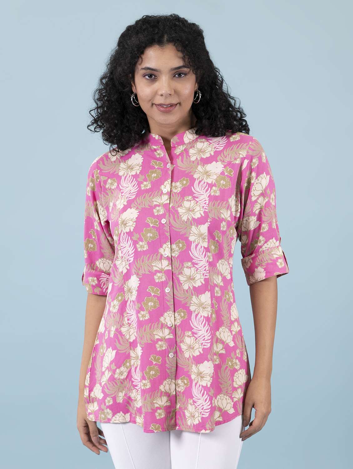 pink mandarin neck printed a line tunic