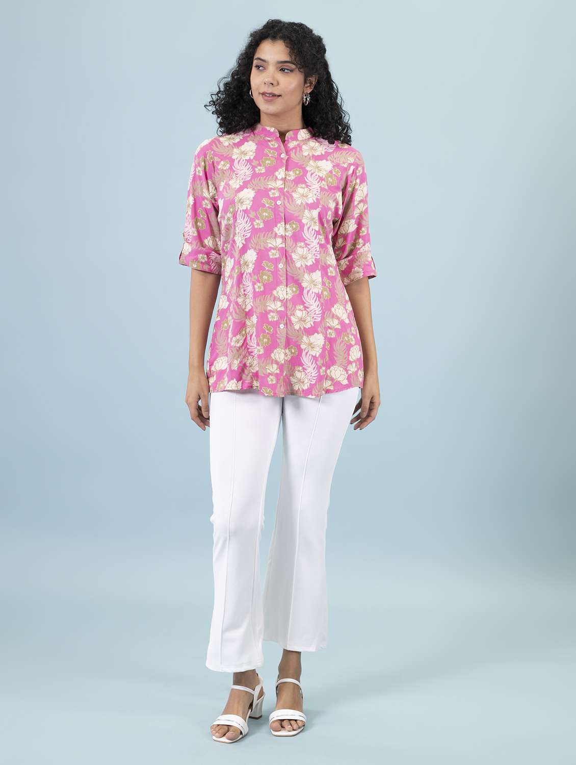 pink mandarin neck printed a line tunic - 18877436 -  Standard Image - 4