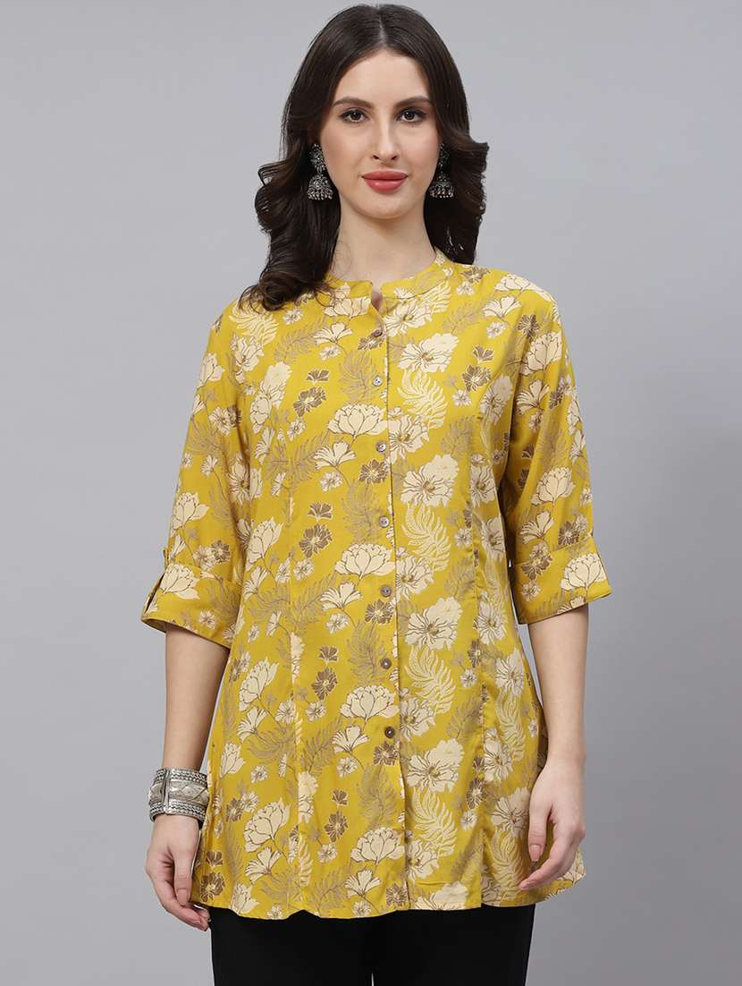 yellow mandarin neck printed a-line tunic - 18877437 - Zoom Image - 0