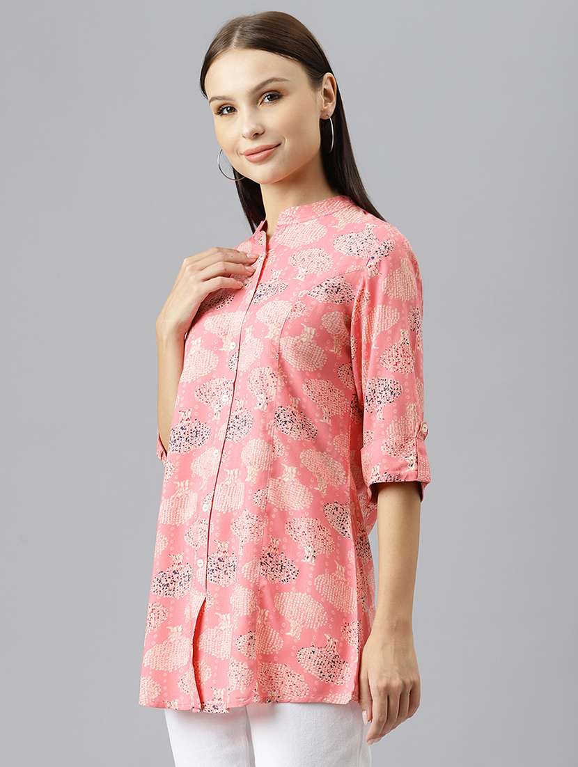 pink printed mandarin neck a line tunic - 18878033 -  Standard Image - 1