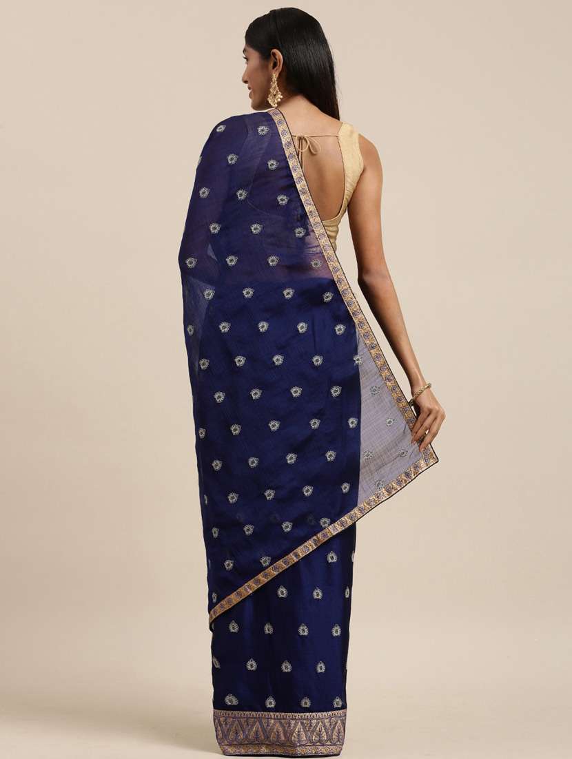 navy chiffon embroidered saree with blouse - 18879145 -  Standard Image - 1