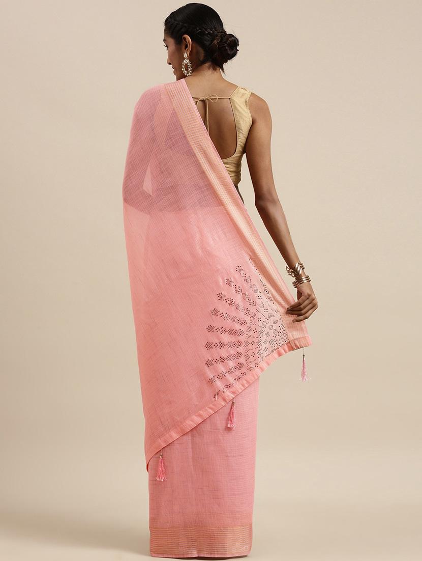 women's solid peach colored saree with blouse - 18879152 -  Standard Image - 1