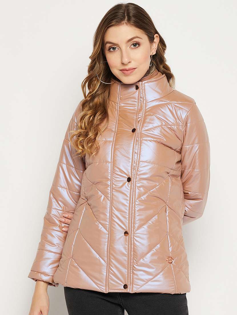 brown quilted jacket with standing collar