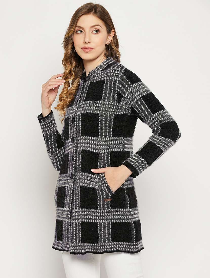 black coloured checkered cardigan - 18881126 -  Standard Image - 1