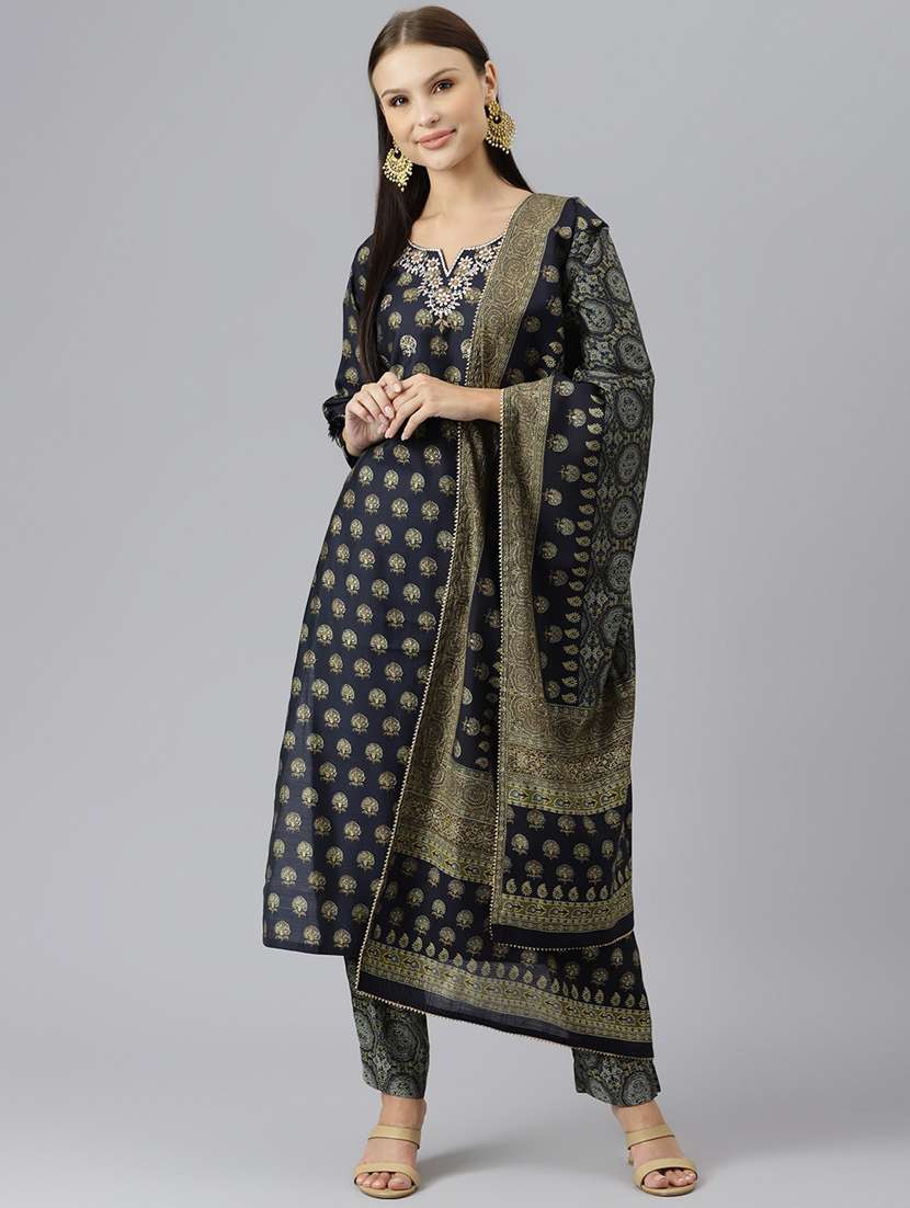 navy blue printed kurta pant dupatta set