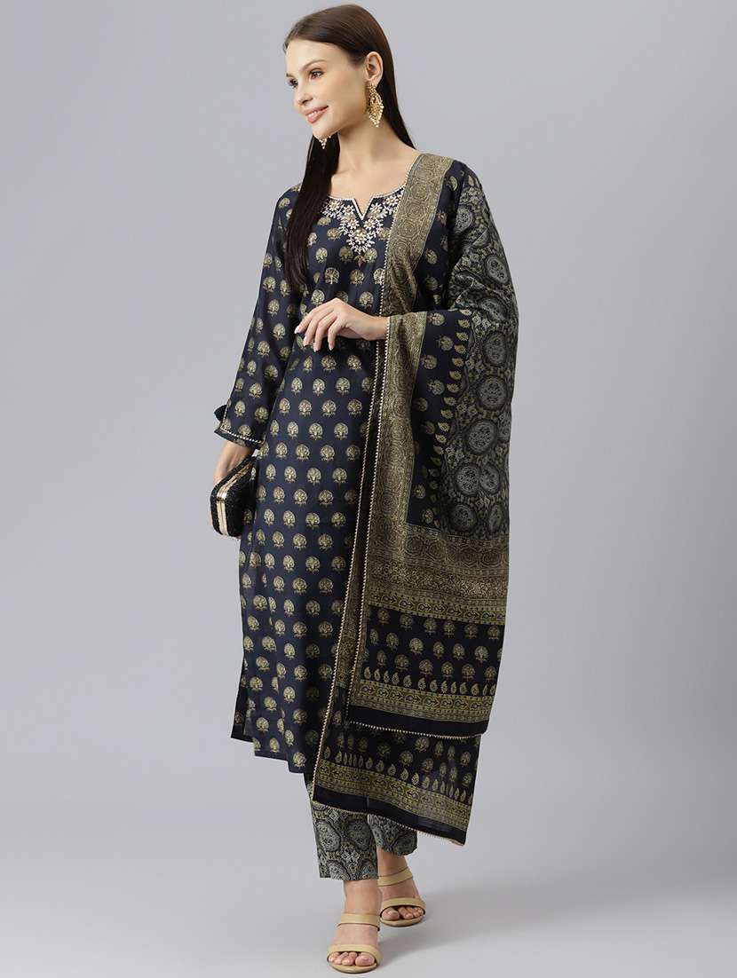 navy blue printed kurta pant dupatta set - 18882589 -  Standard Image - 1