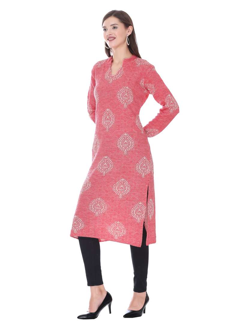 womenn pink self design woolen kurta - 18885905 -  Standard Image - 1