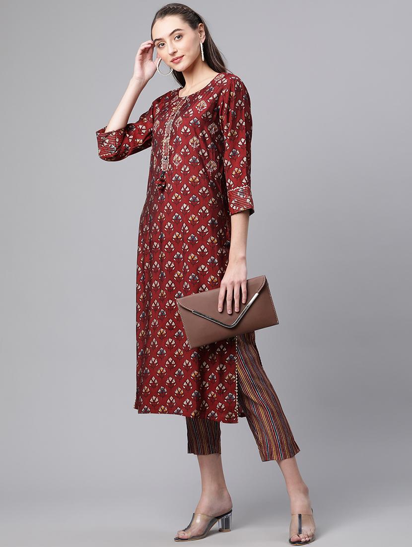 maroon coloured printed kurta pant set - 18886784 -  Standard Image - 1
