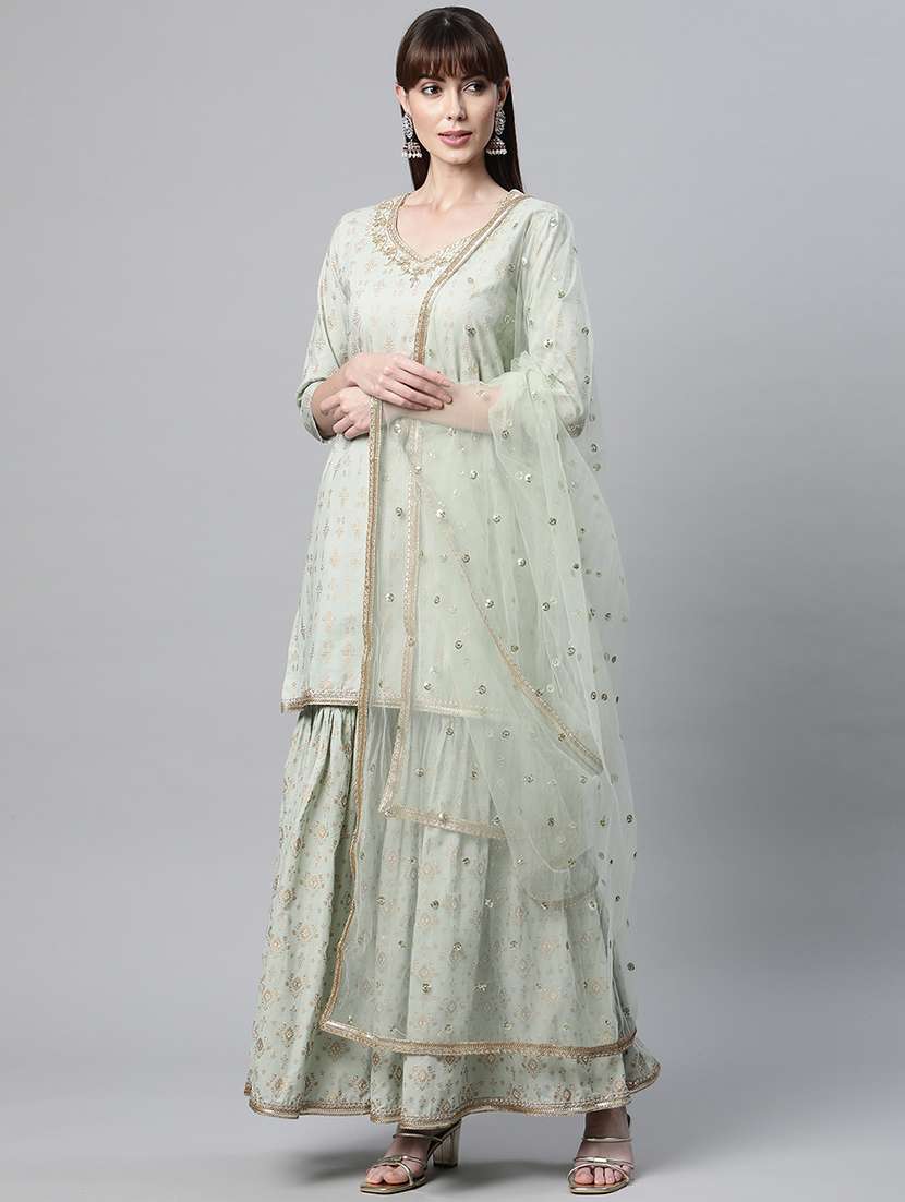 women neo mint embroidered kurta sharara set with dupatta 