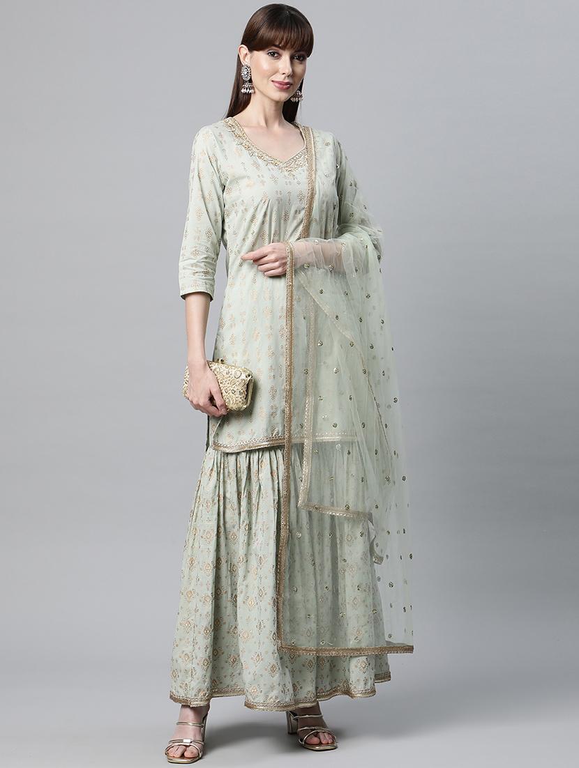 women neo mint embroidered kurta sharara set with dupatta  - 18886791 -  Standard Image - 1