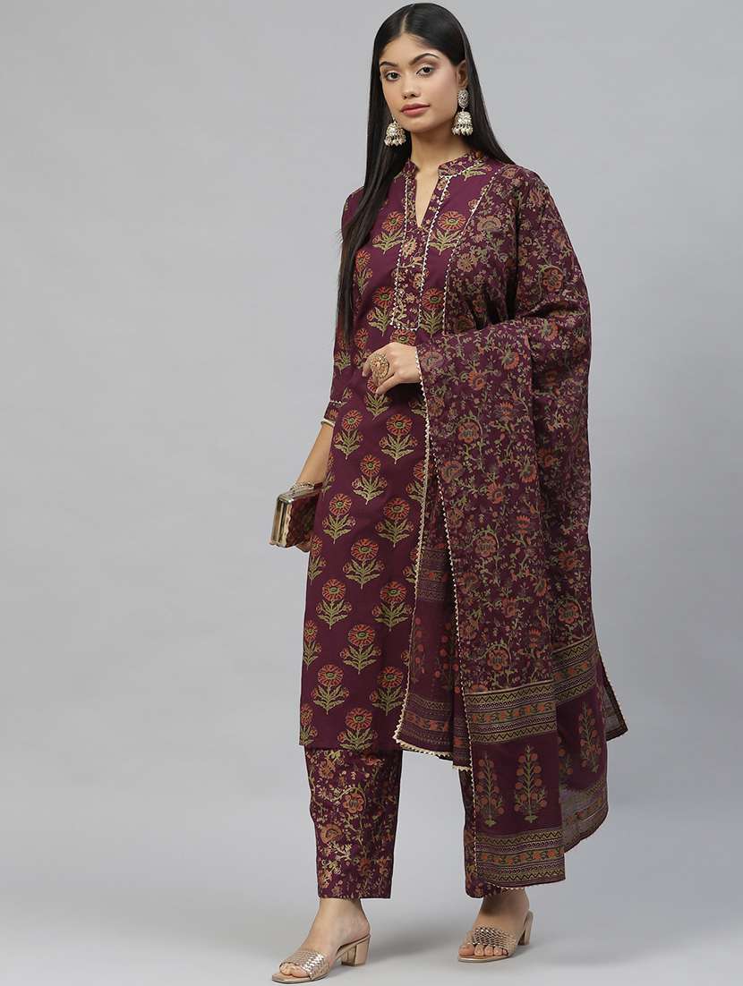 maroon coloured printed kurta pant set with dupatta  - 18886792 -  Standard Image - 1