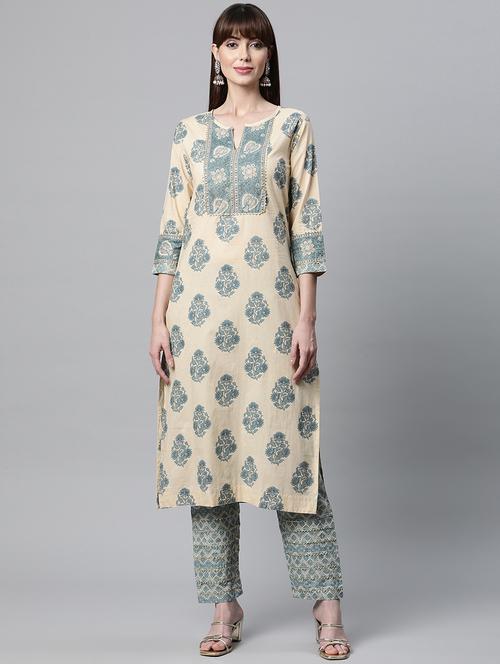 beige coloured printed kurta pant set - 18886794 -  Standard Image - 0