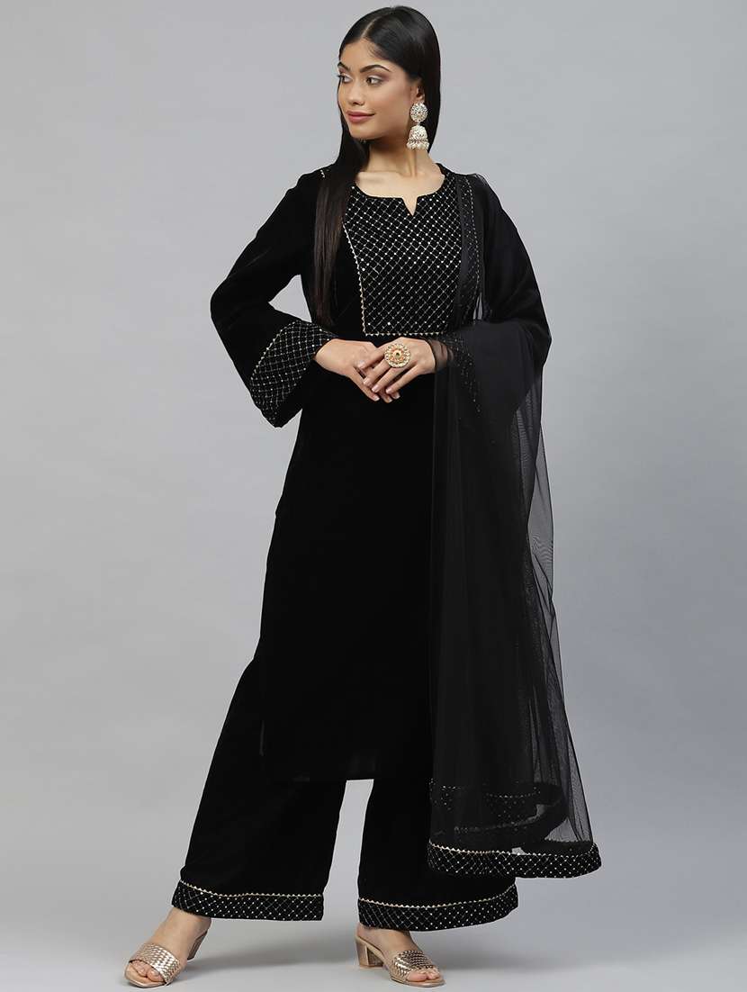 black sequin work kurta pant set with dupatta 
