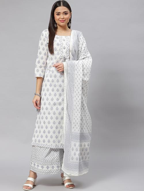 women three quarter sleeve kurta palazzo with dupatta set - 18886808 - Standard Image - 0