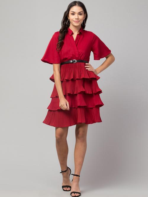 women red solid tiered dress - 18904574 - Standard Image - 0