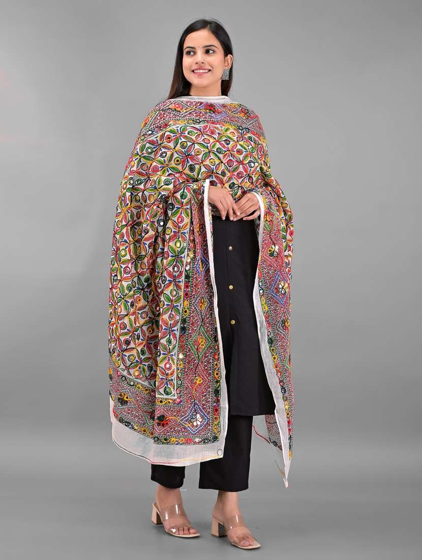 multi colored phulkari embroidery dupatta - 18906648 -  Standard Image - 1