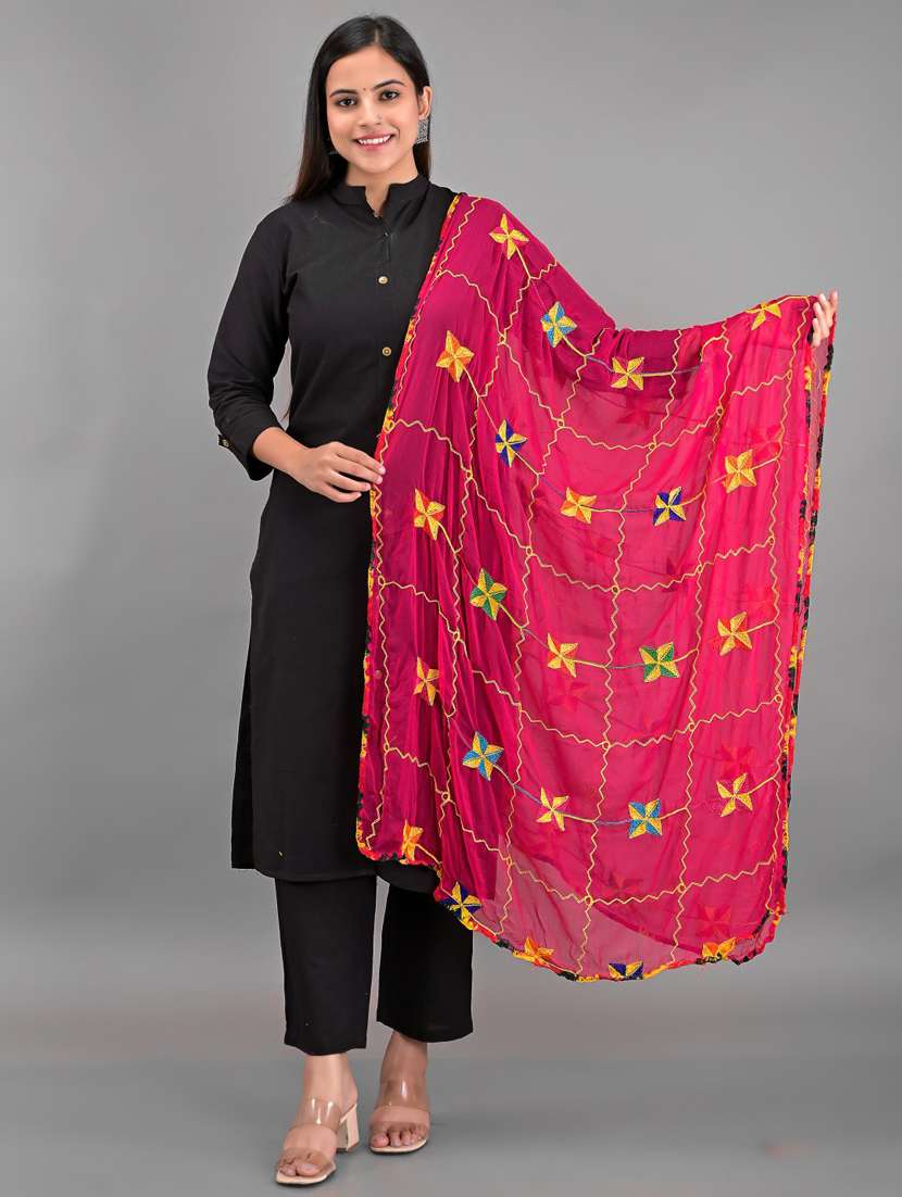 pink phulkari embroidered dupatta - 18906654 -  Zoom Image - 0
