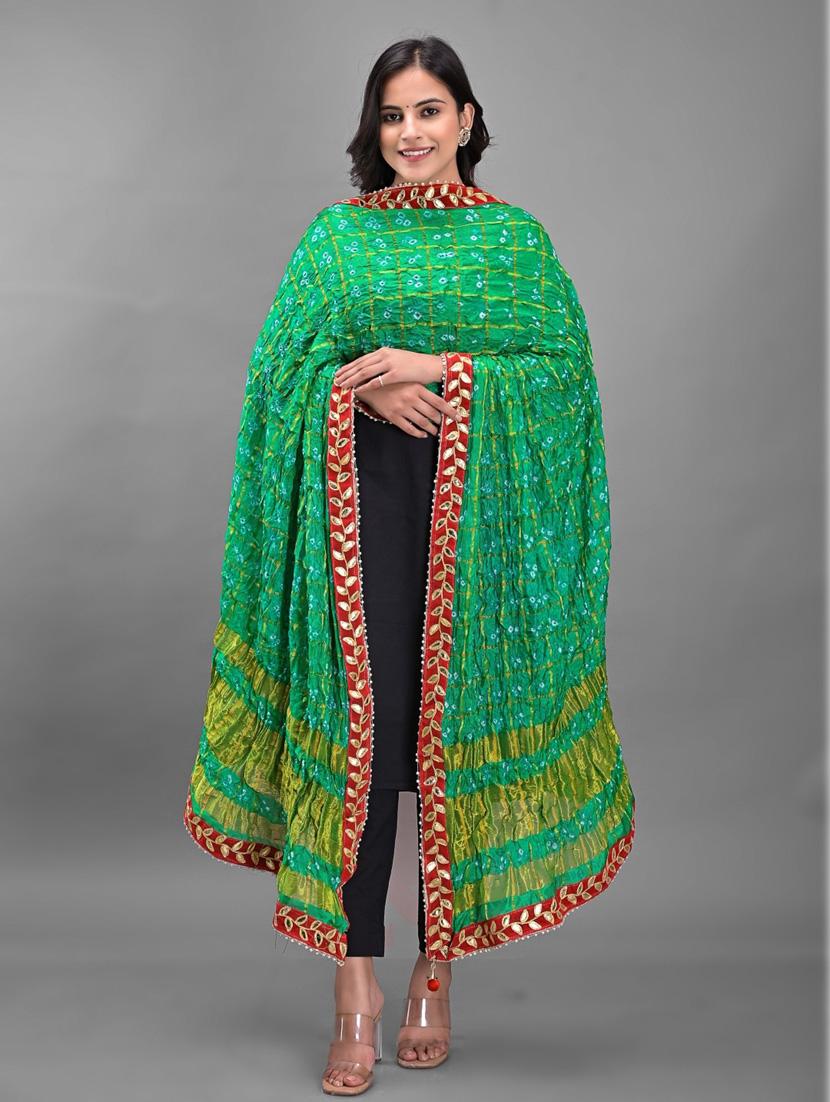 green crinkled bandhani print lace border dupatta - 18906969 -  Standard Image - 1